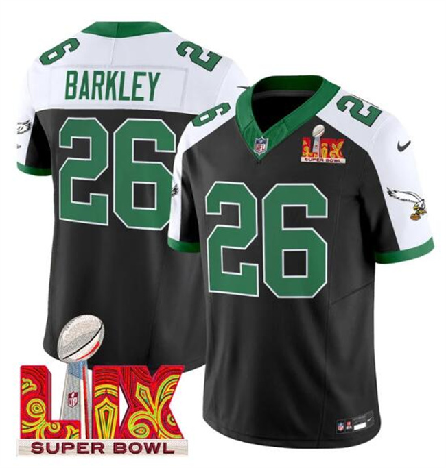 Men's Black/White Philadelphia Eagles #26 Saquon Barkley 2025 Super Bowl LIX Patch F.U.S.E. Vapor Untouchable Limited Stitched Football Jersey